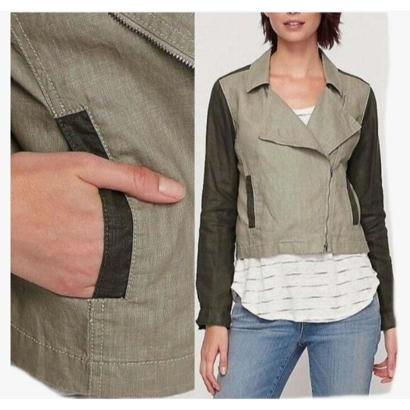 Eileen Fisher Coated Organic Linen Jacket Asymmetrical Zip Petite M Stone Moto - Picture 6 of 16